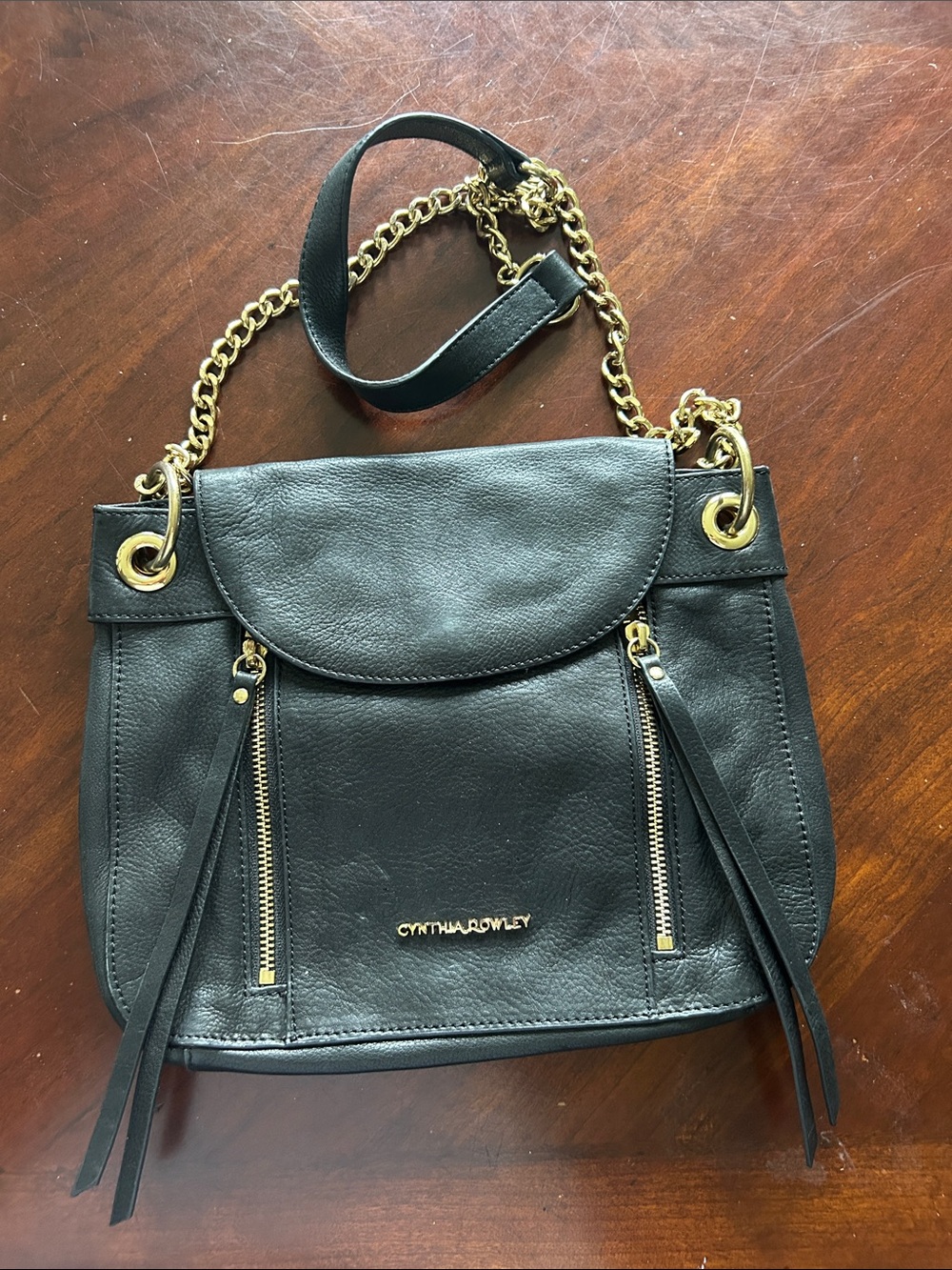 Cynthia Rowley Black Leather Shoulder Bag with Gold Chain